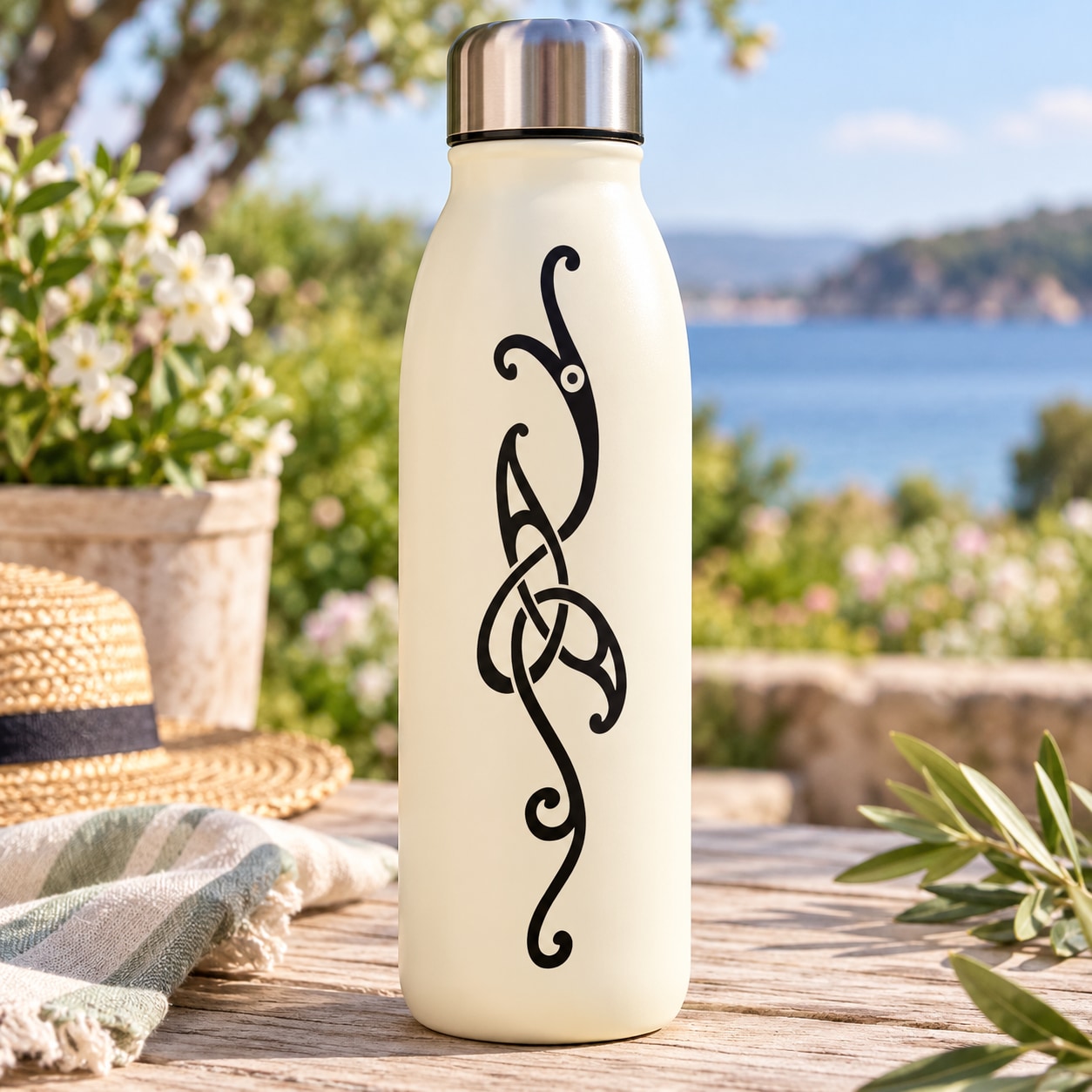 White water bottle with black abstract Celtic bird decal and stainless steel lid