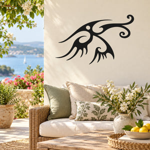 Stylized black bird decal with long tail and curled accents, Halloween wall decor