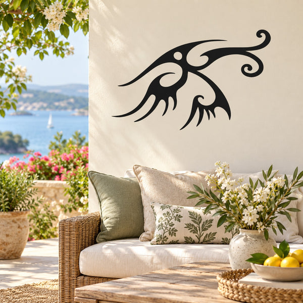Stylized black bird decal with long tail and curled accents, Halloween wall decor