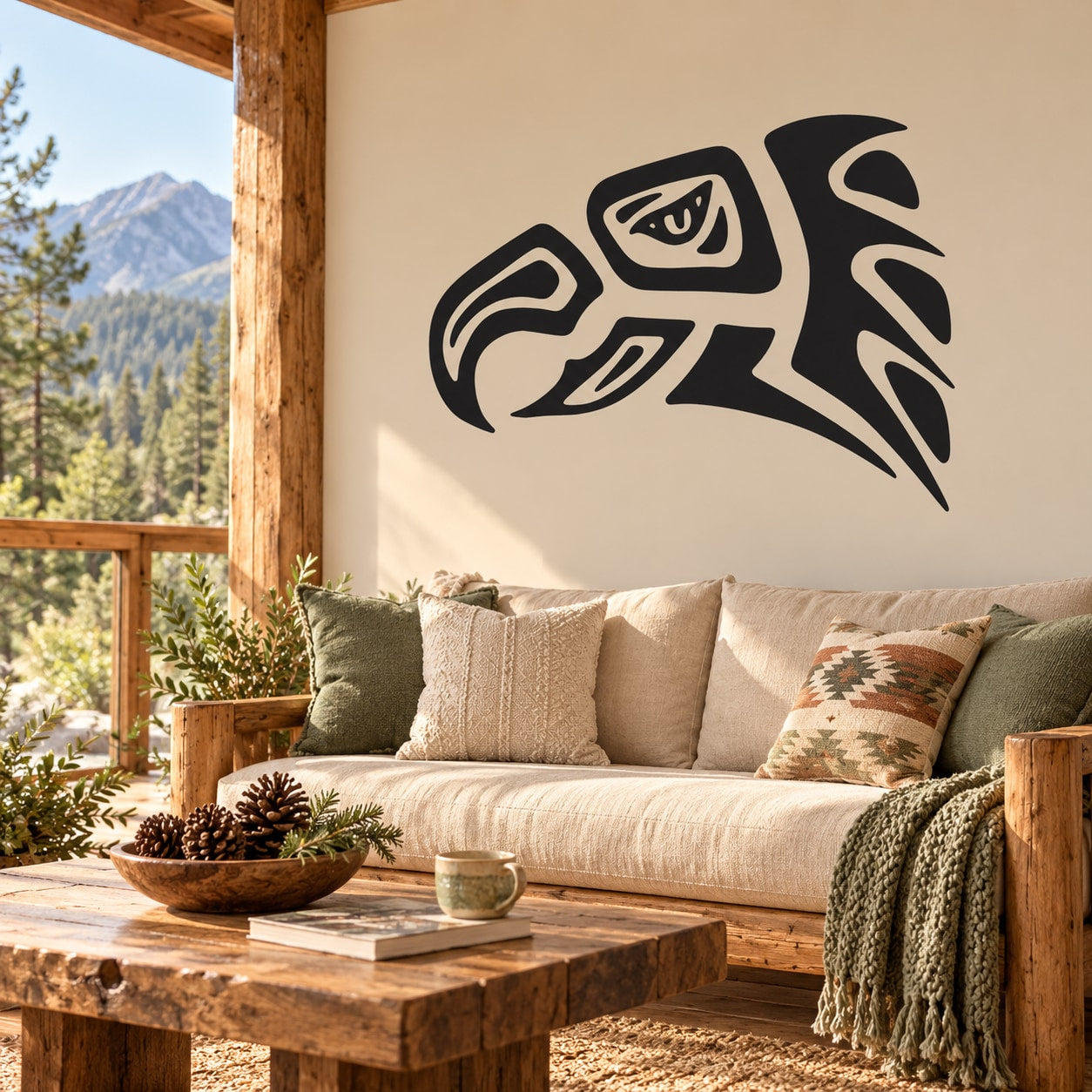 Aztec eagle head decal, black tribal design for wall