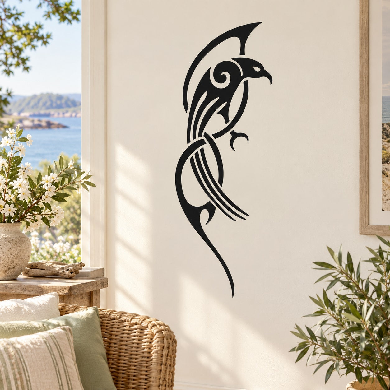 Celtic hawk decal, black bird silhouette with Celtic swirling accents