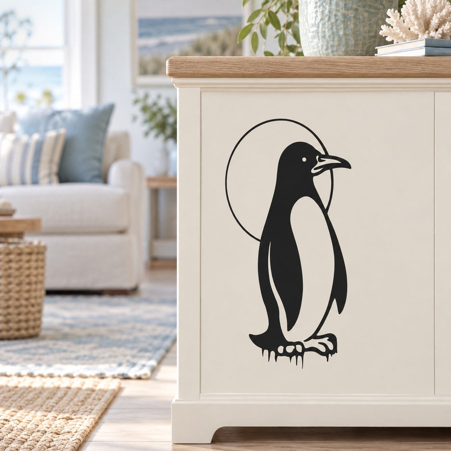 Black penguin wall decal with white moon circle behind it