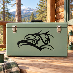 Green metal toolbox with black swirl eagle head decal