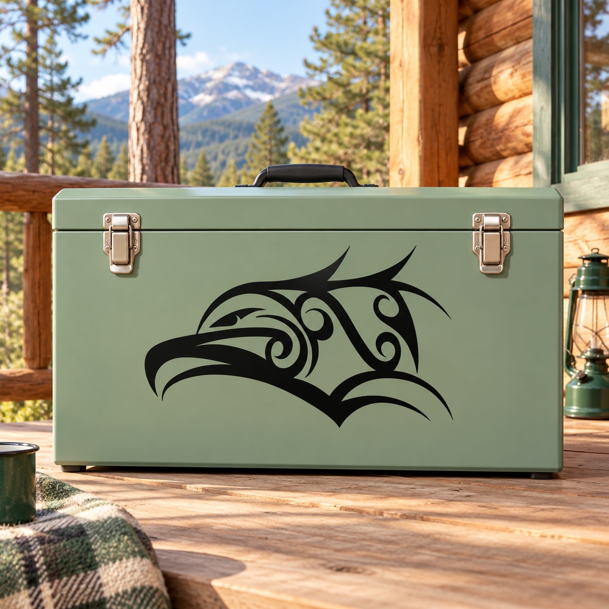 Green metal toolbox with black swirl eagle head decal