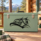 Green metal toolbox with black swirl eagle head decal