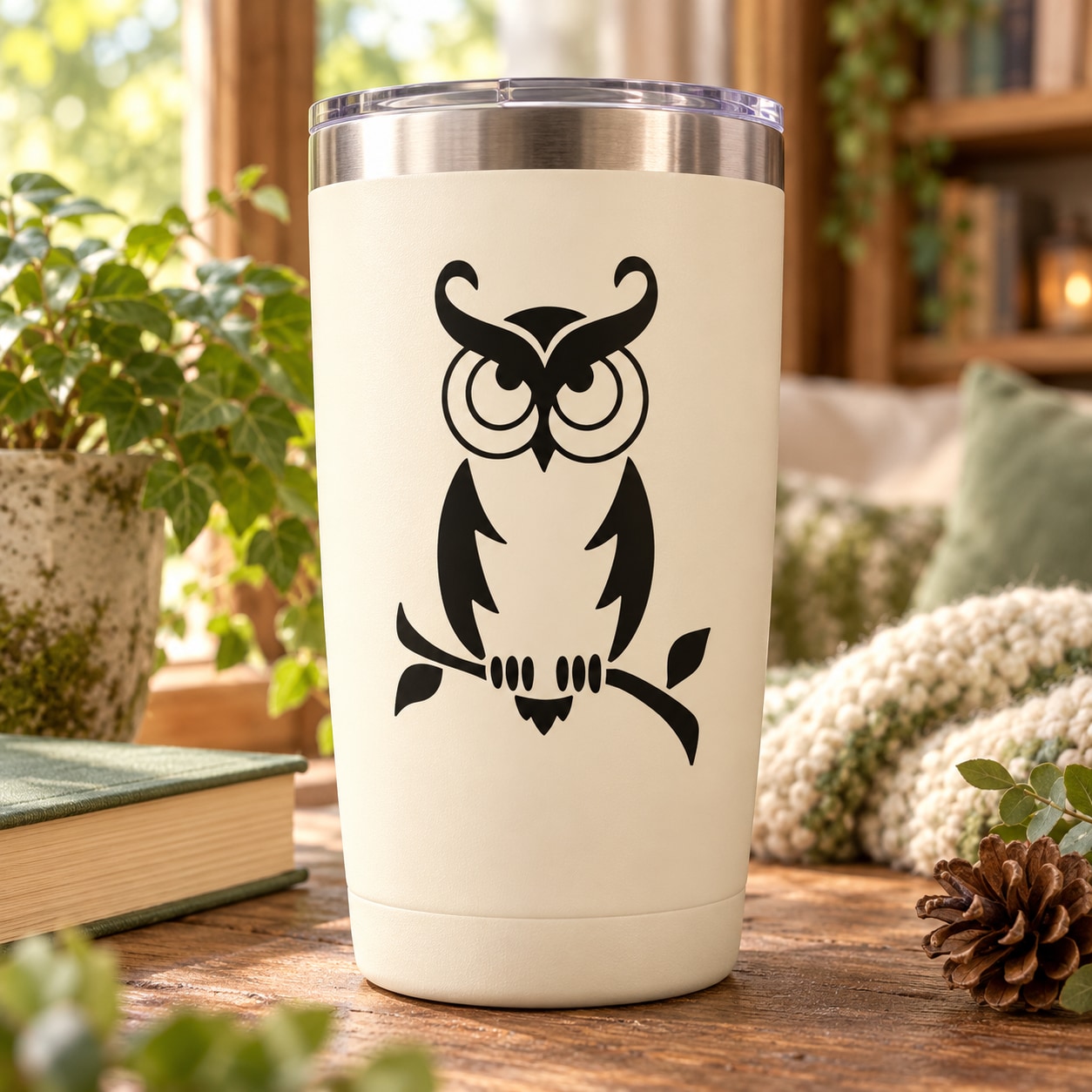 White tumbler with black owl on branch decal