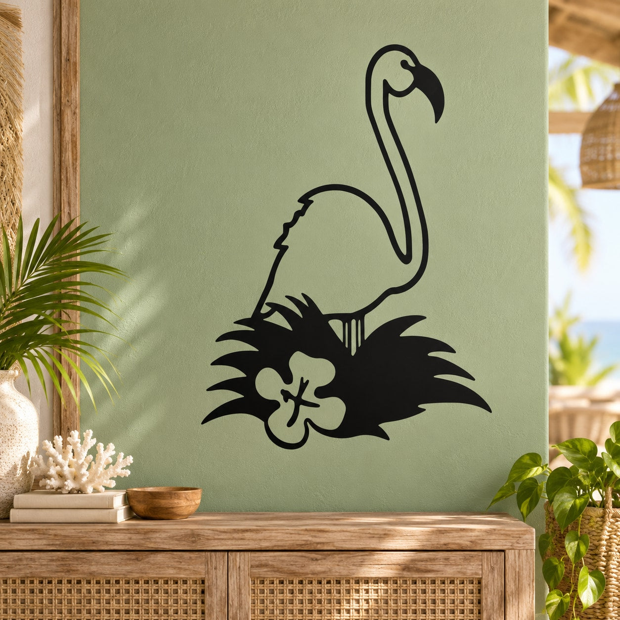 Flamingo in grass wall decal, black outline with curled wing and standing bird
