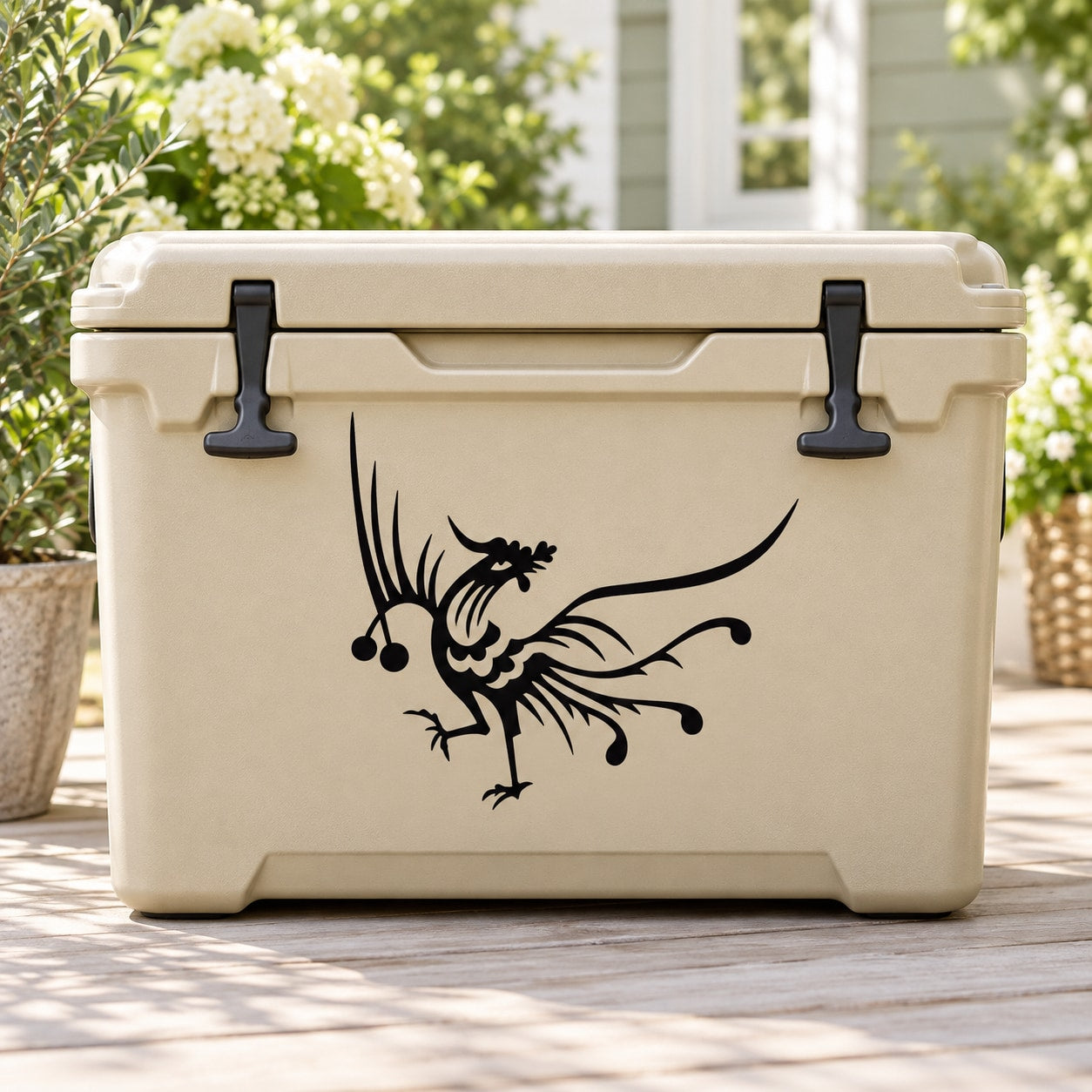 Black peacock decal on beige storage container