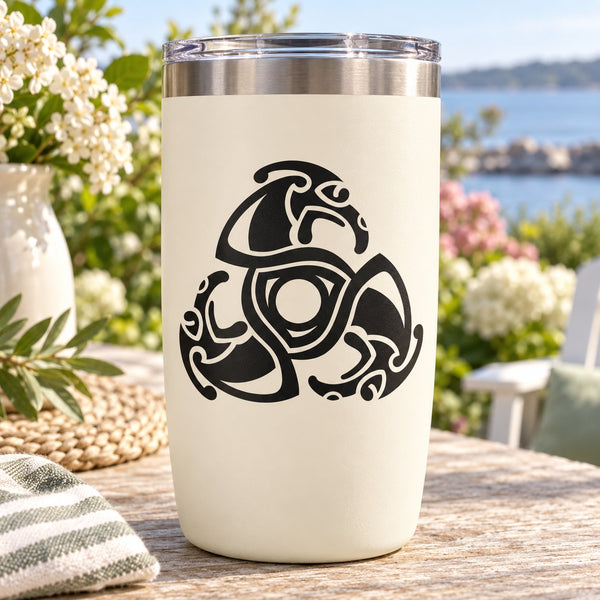 Black interlocking dragon emblem decal on white tumbler
