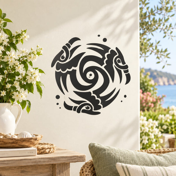 Interlocking eagle decal with black circular swirl design on light fabric