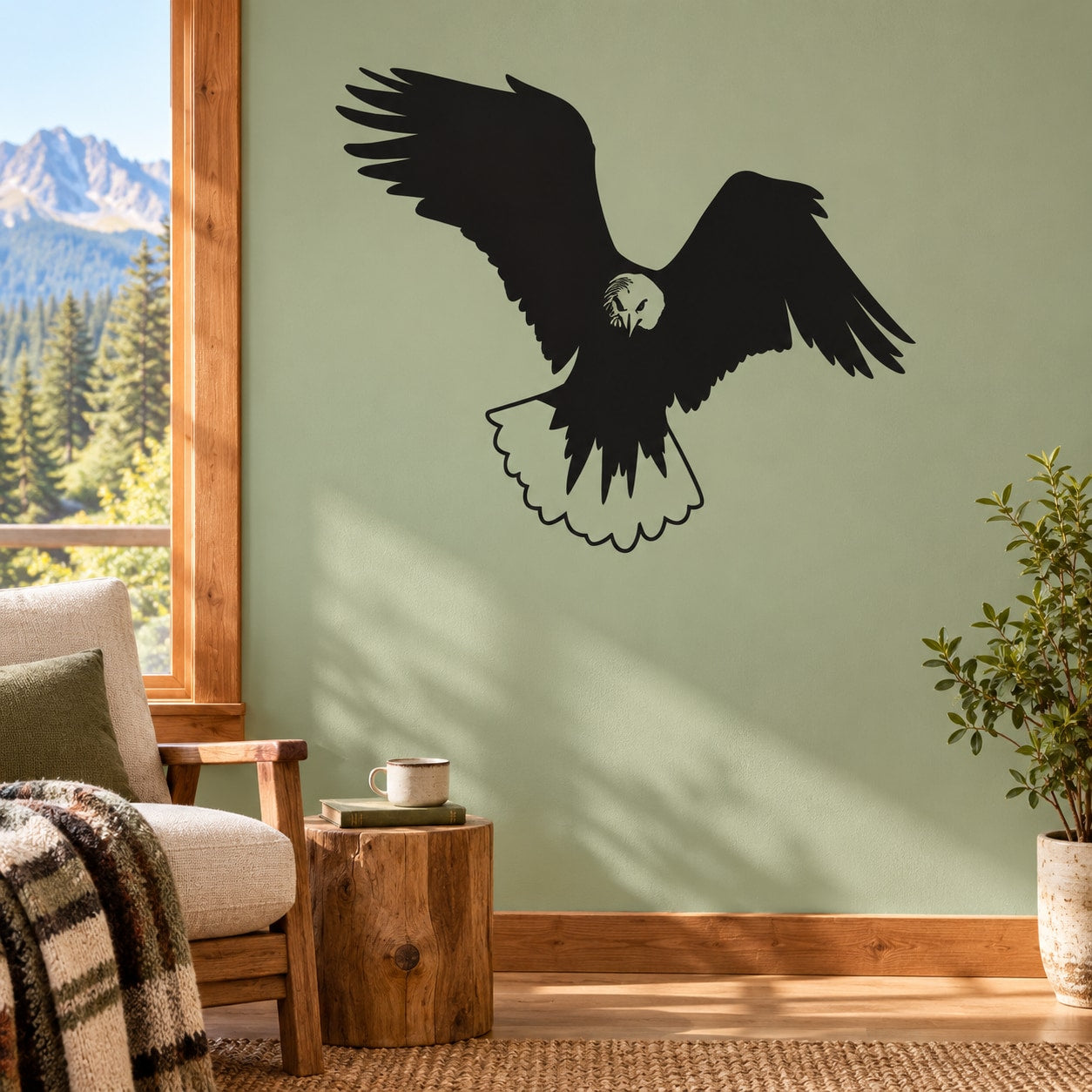 Black flying eagle wall decal with spread wings and gold-toned beak details
