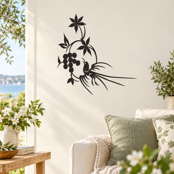 Floral ring bird wall decal sticker, black botanical bird design