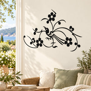 Black bird with decorative floral scroll wall decal sticker