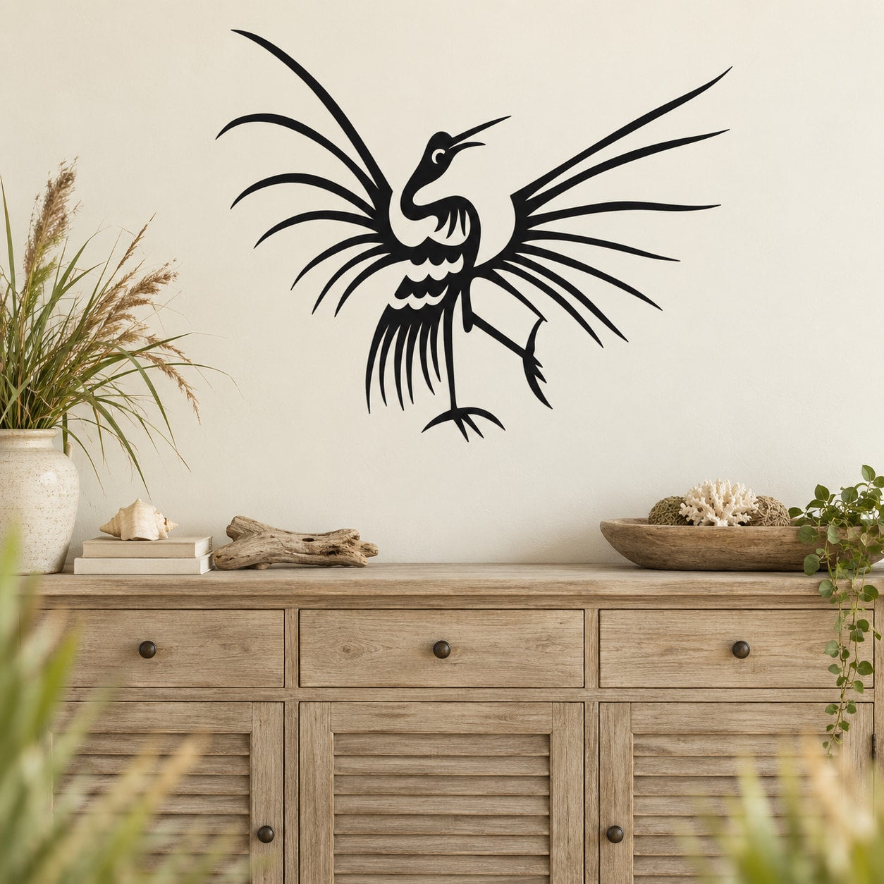 Whooping crane wall decal with outstretched wings and stylized feather lines