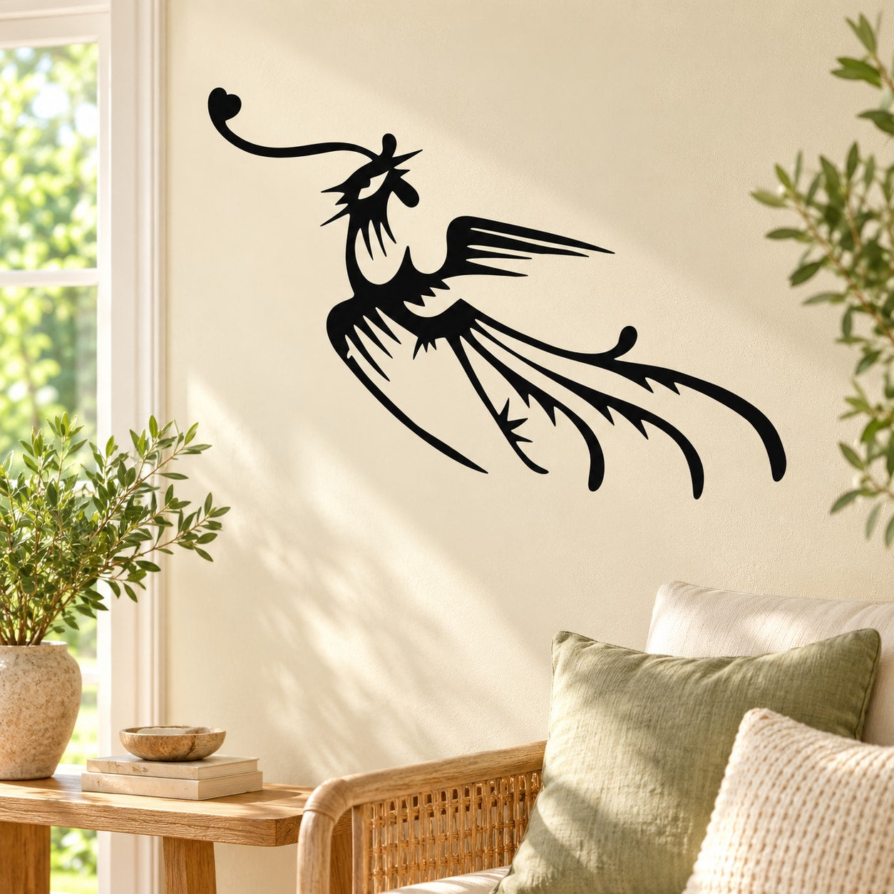Black peacock bird silhouette wall decal with long fan feathers