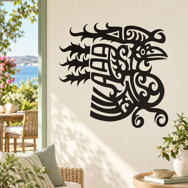 Black traditional tattoo-style rooster wall decal with ornate flame details