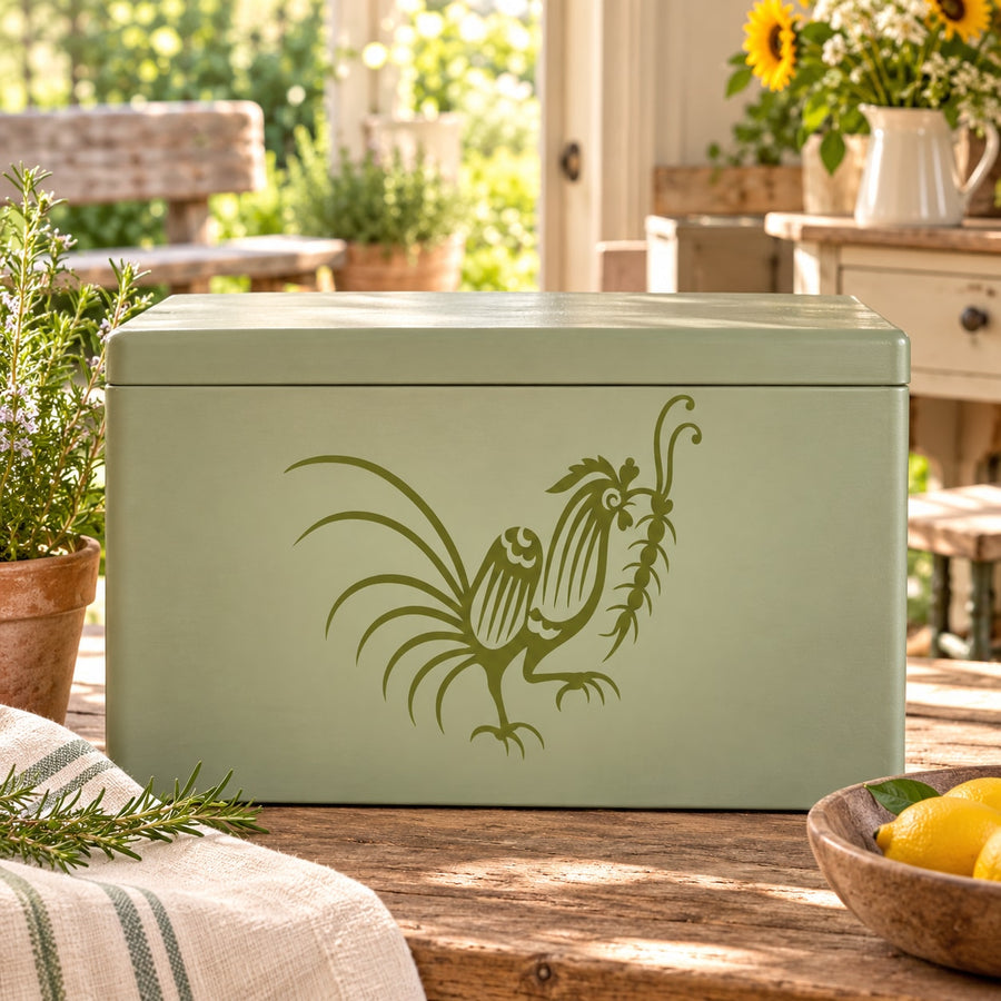 Rooster decal in gold on a light green decorative panel