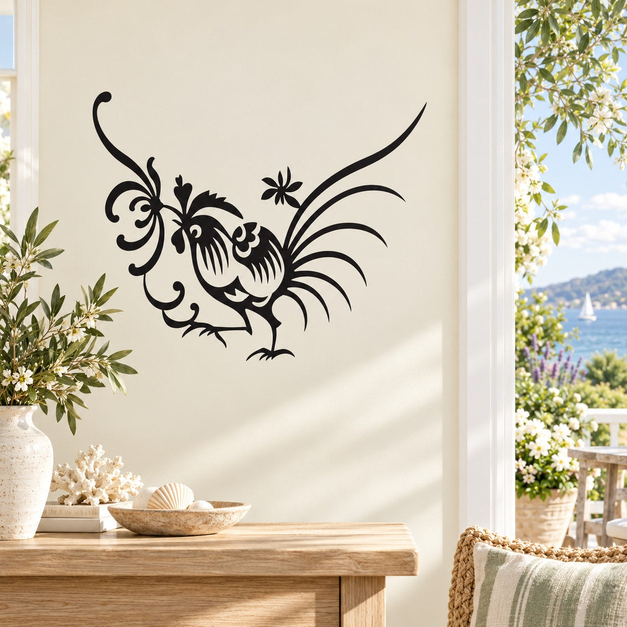 Rooster wall decal with ornate black design and swirling tail feathers