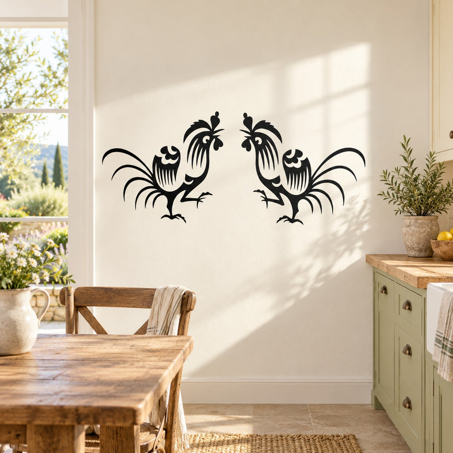 Fighting rooster wall decal, black ornamental rooster design with raised wings