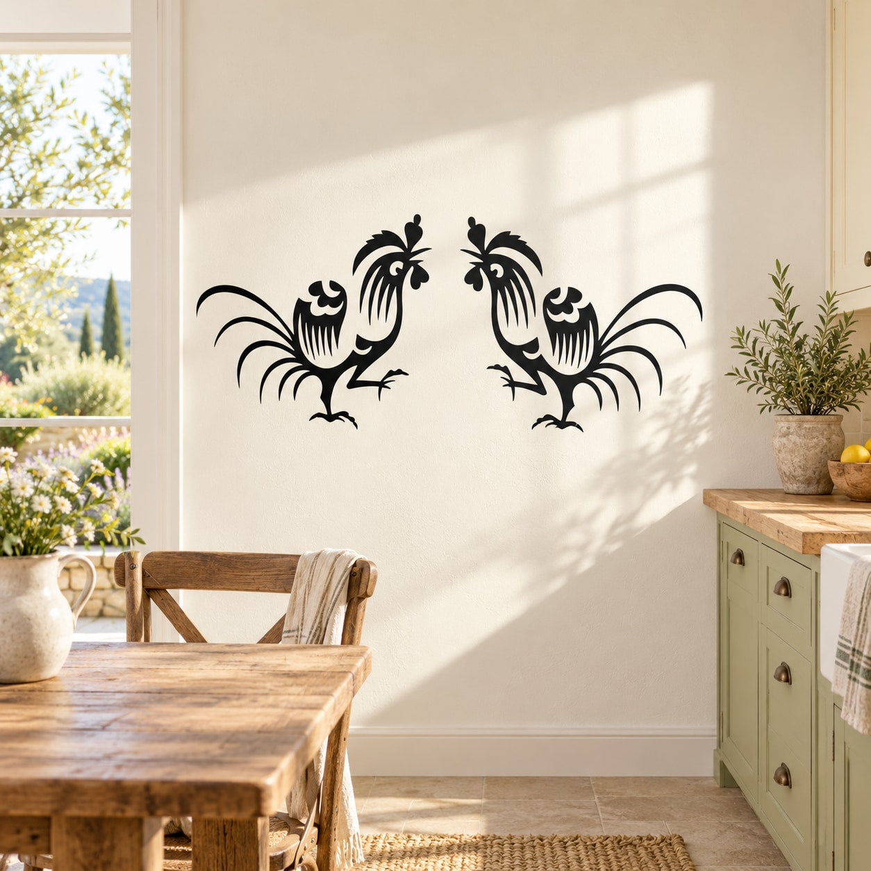 Fighting rooster wall decal, black ornamental rooster design with raised wings