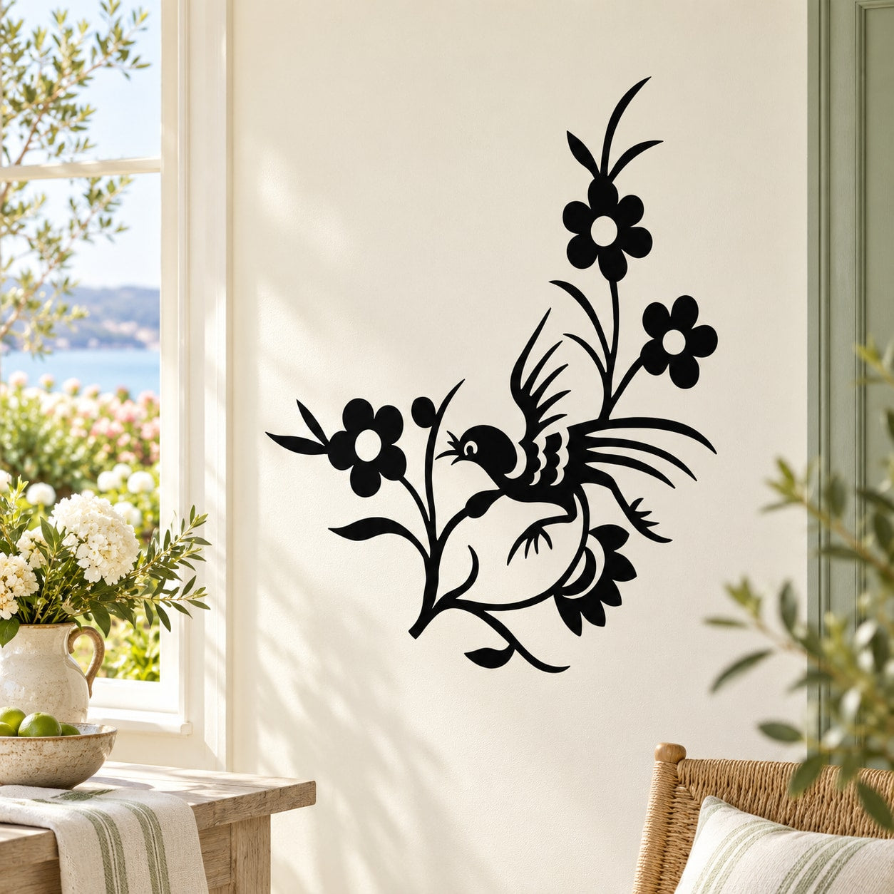 Black flower and bird wall decal with layered blossoms and curved branches