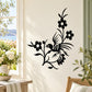Black flower and bird wall decal with layered blossoms and curved branches