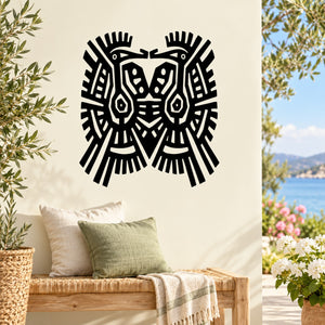 Black geometric bird head decal with Aztec-inspired patterns