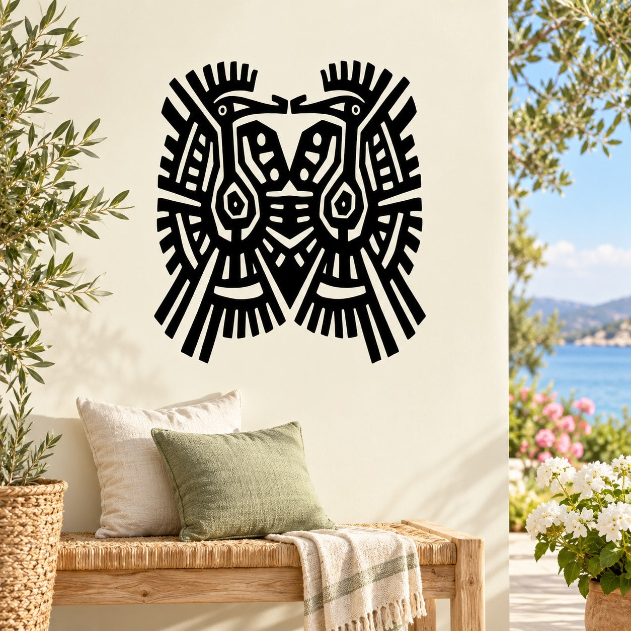 Black geometric bird head decal with Aztec-inspired patterns