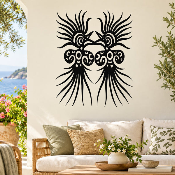 Aztec-style black bird face wall decal with ornate feathered wings