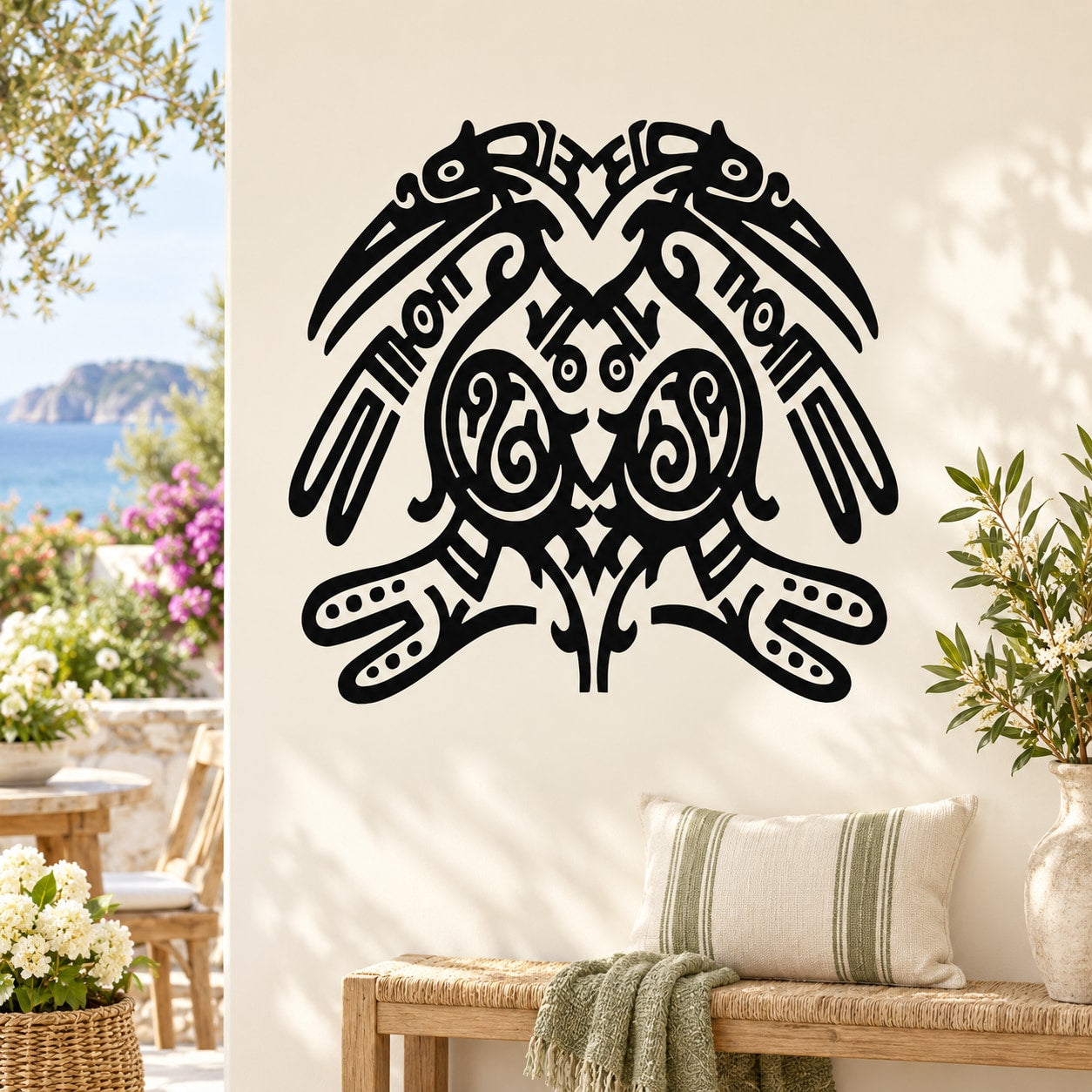 Black Aztec-style macaw bird wall decal with ornate tribal patterns