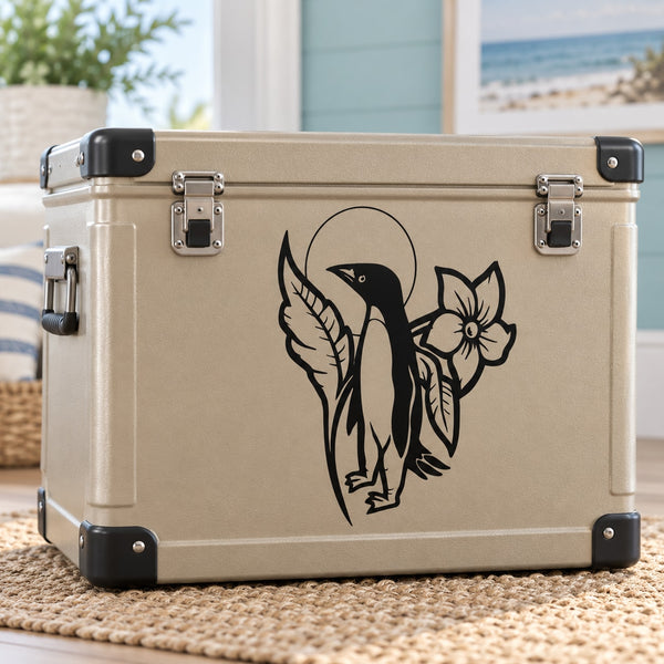 Penguin moon leaf and flower decal illustration on beige suitcase
