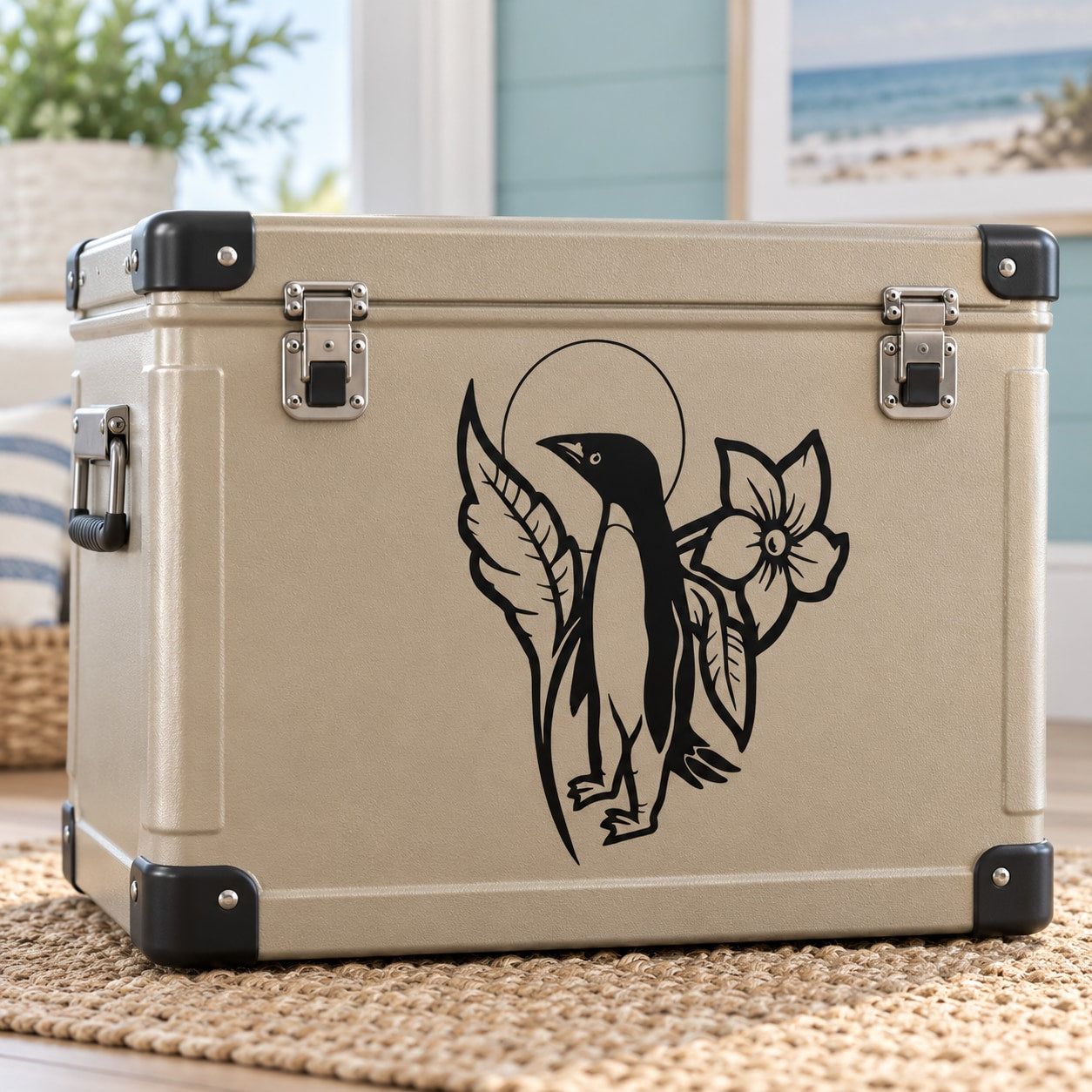 Penguin moon leaf and flower decal illustration on beige suitcase