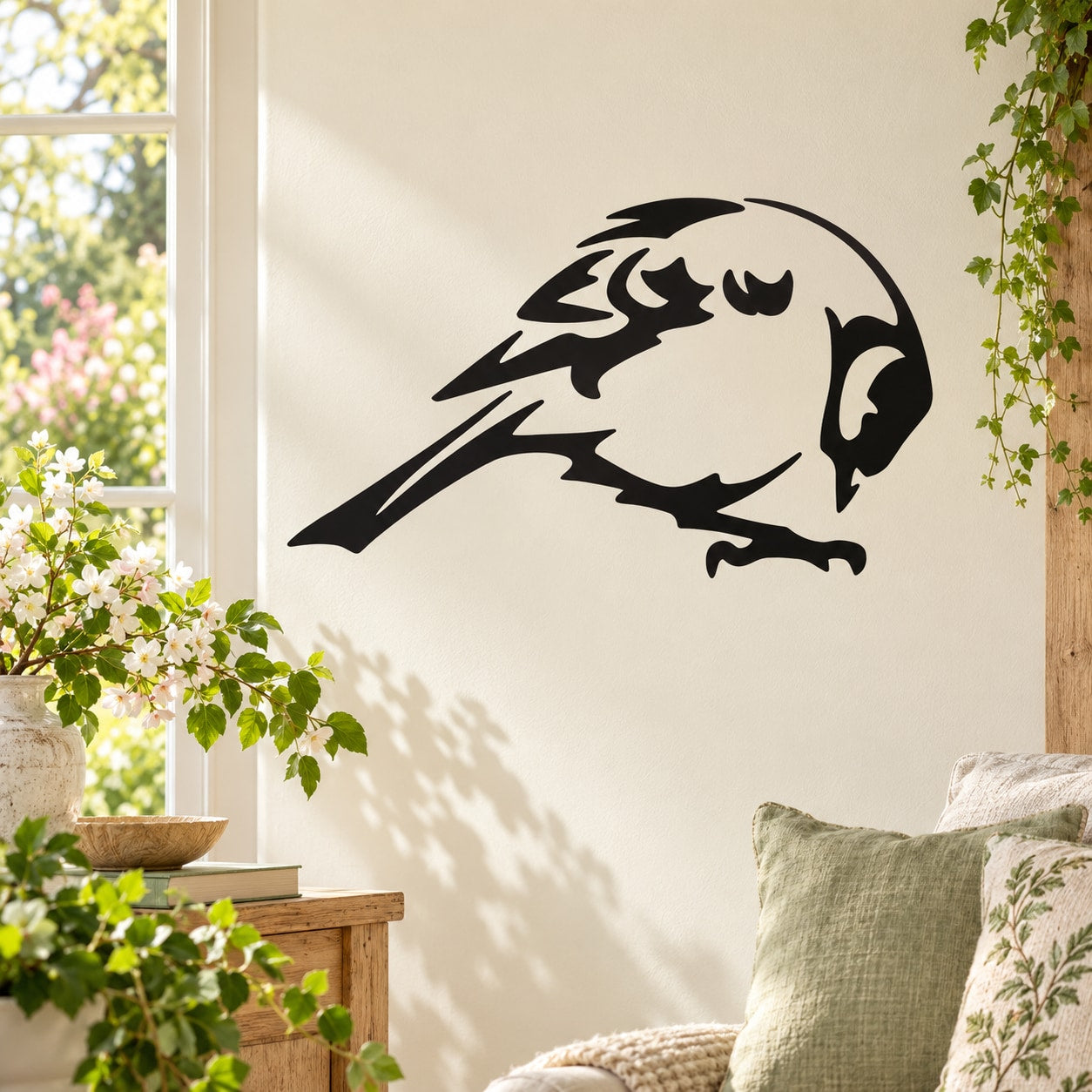 Bird grooming finch wall decal, black silhouette with beak detail