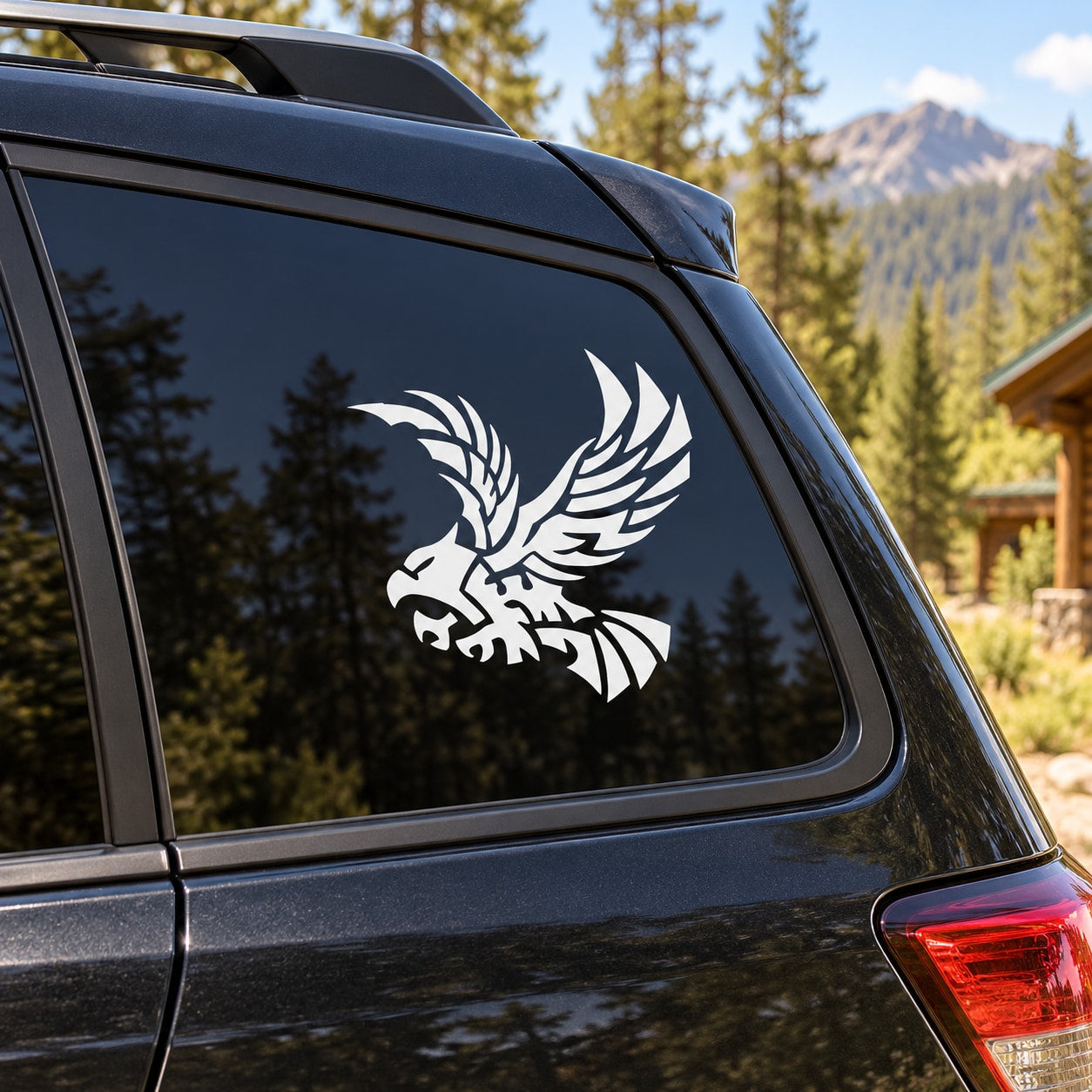 Feathered eagle window decal, white graphic for car