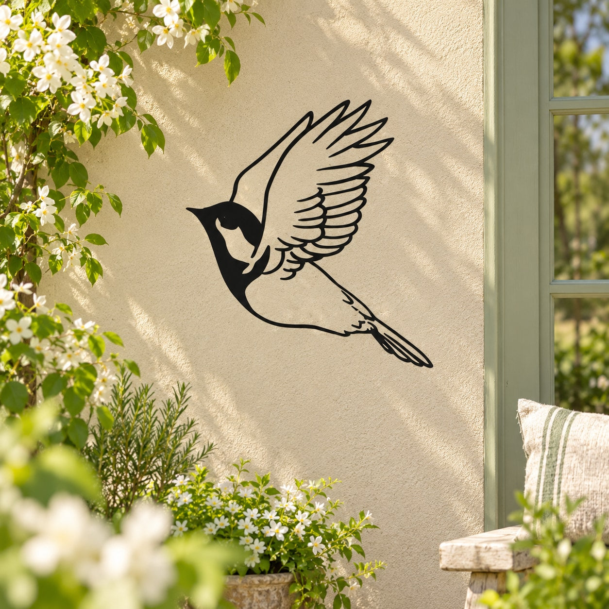 Black flying bird wall decal with wings spread