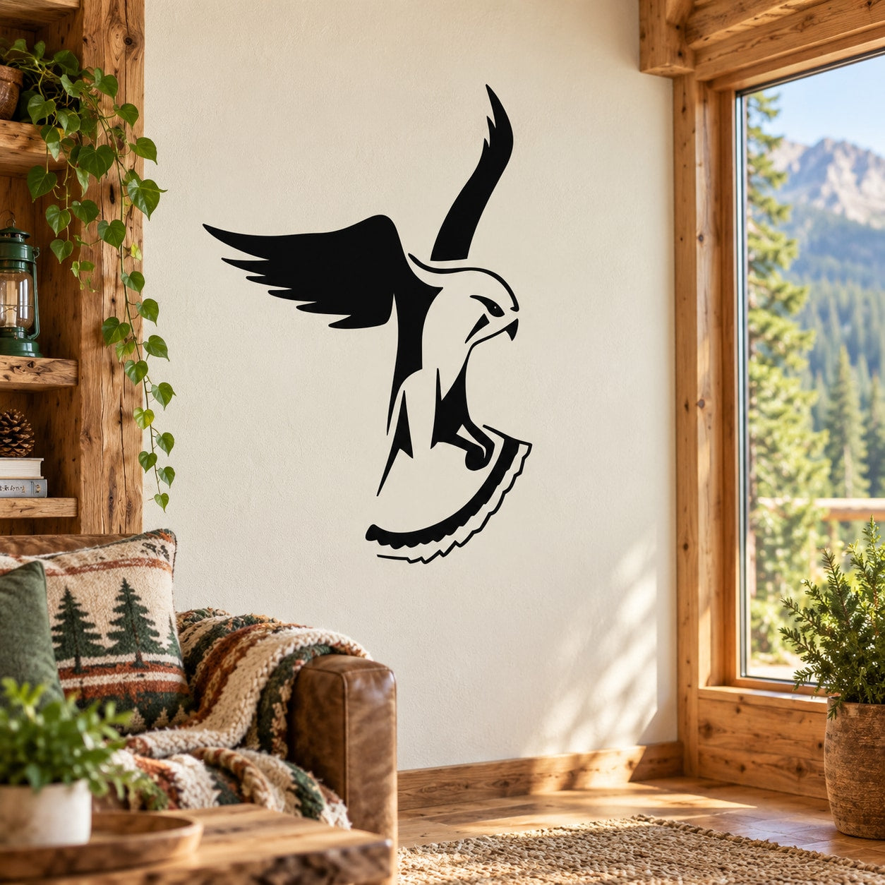 Black hovering hawk vinyl wall decal with wings spread