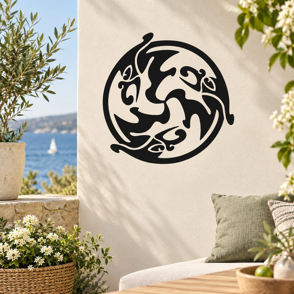 Circular tribal hawk decal, black silhouette on cream background