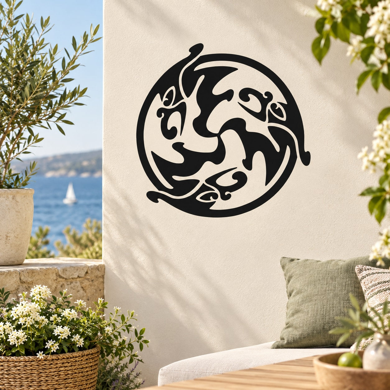 Circular tribal hawk decal, black silhouette on cream background