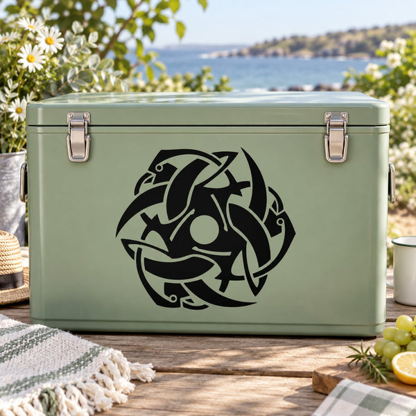 Mint green cooler with black interlocking quetzal bird decal