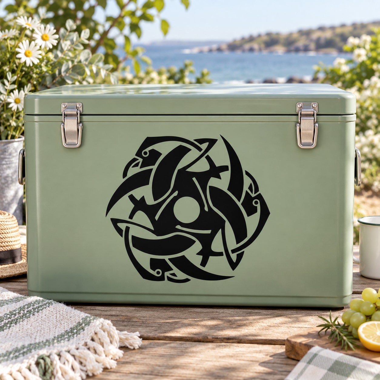 Mint green cooler with black interlocking quetzal bird decal