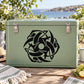 Mint green cooler with black interlocking quetzal bird decal