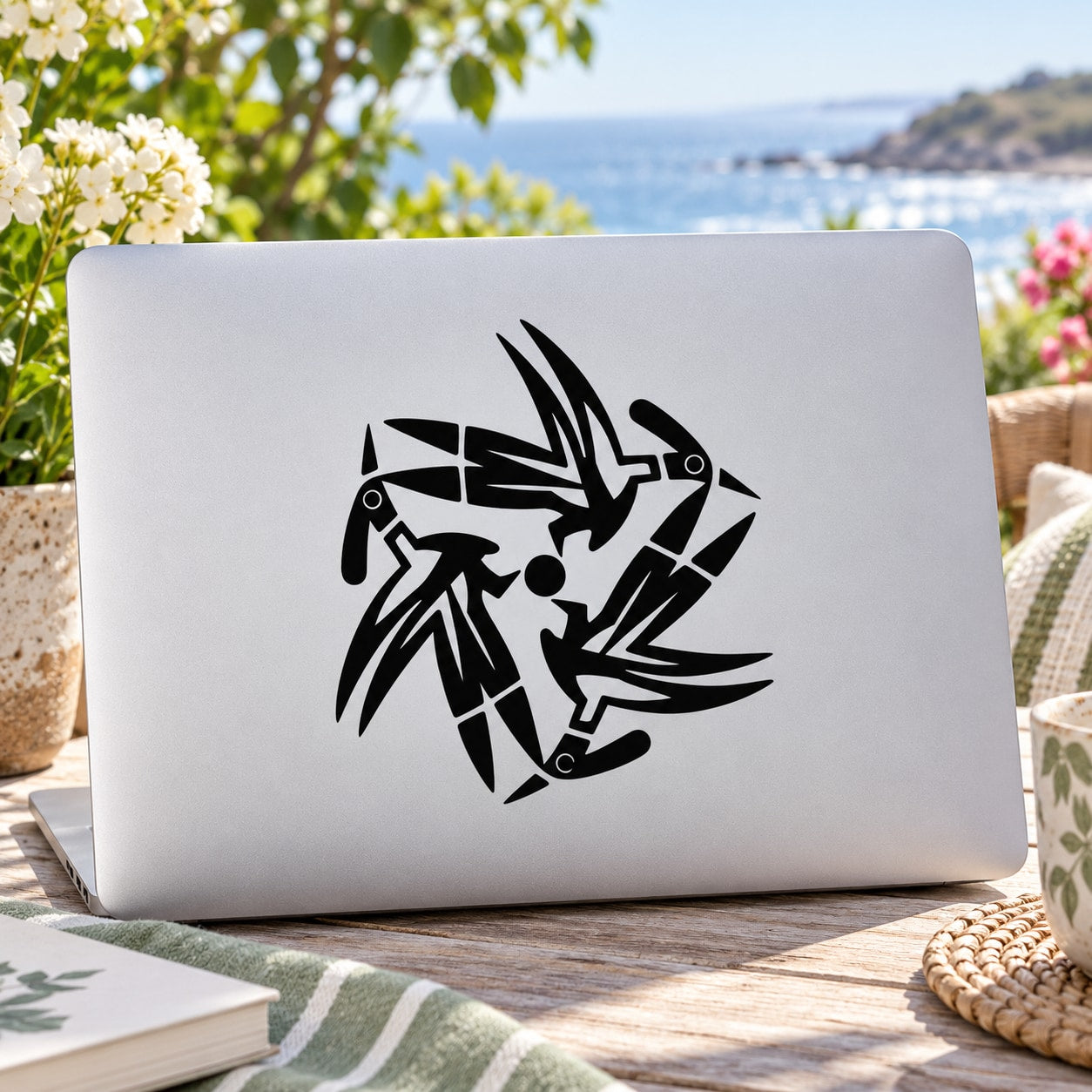 Interlocking bird decal: black geometric bird motif on light gray surface