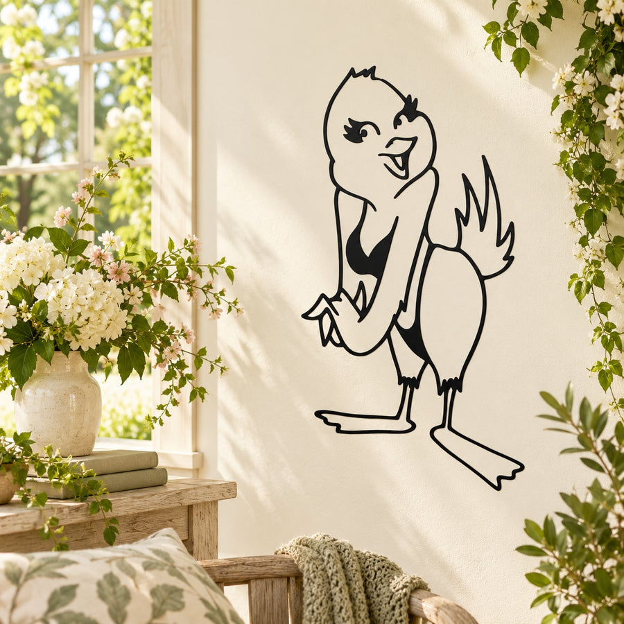 Playful chick bird wall decal with black outline of smiling bird holding bow