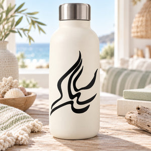White water bottle with black wavy seagull design decal