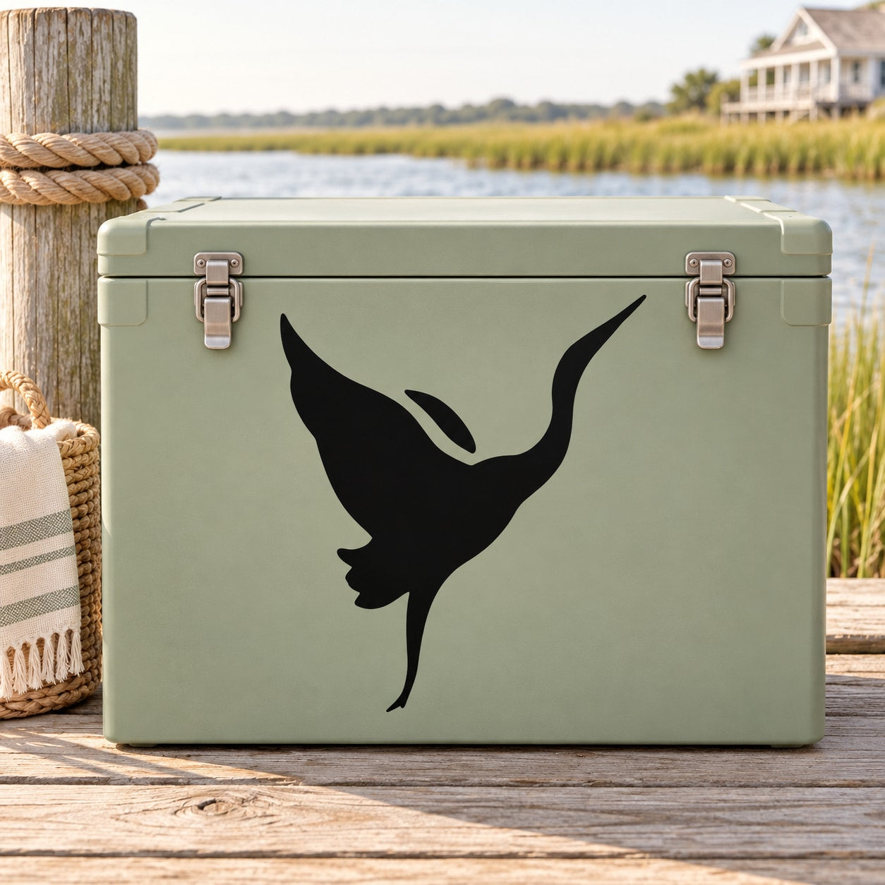 Black egret flapping bird silhouette decal on pale green surface