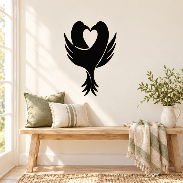 Black dove decal with heart shape in beak, love-themed wall sticker