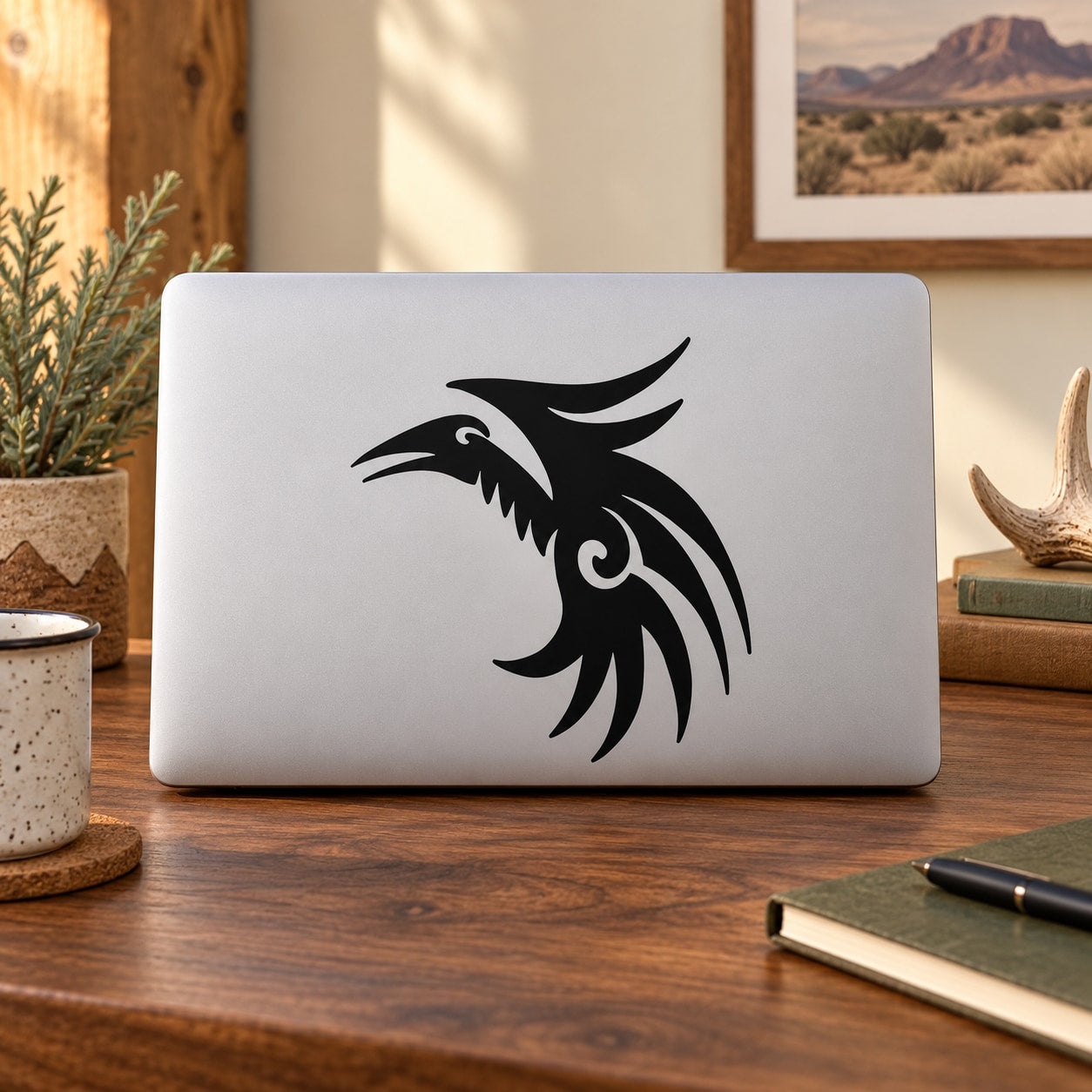 Black tribal vulture head decal with stylized wings