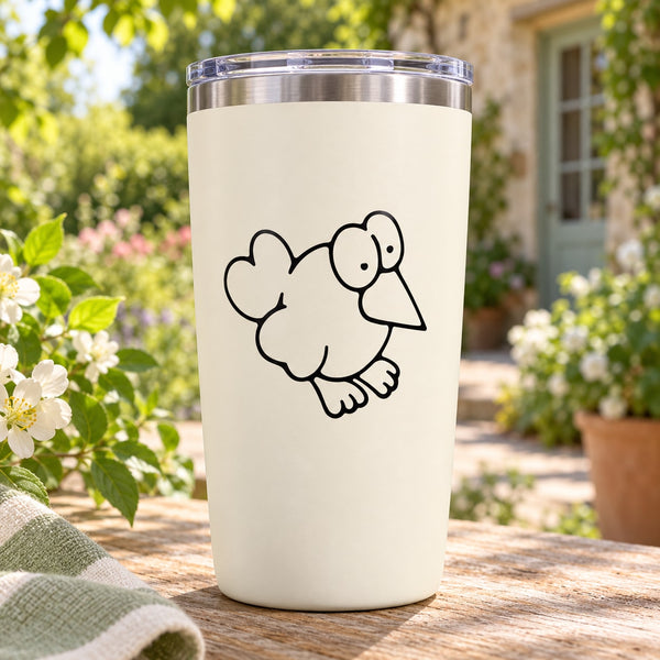 Black wide-eyed bird outline decal on white cup surface