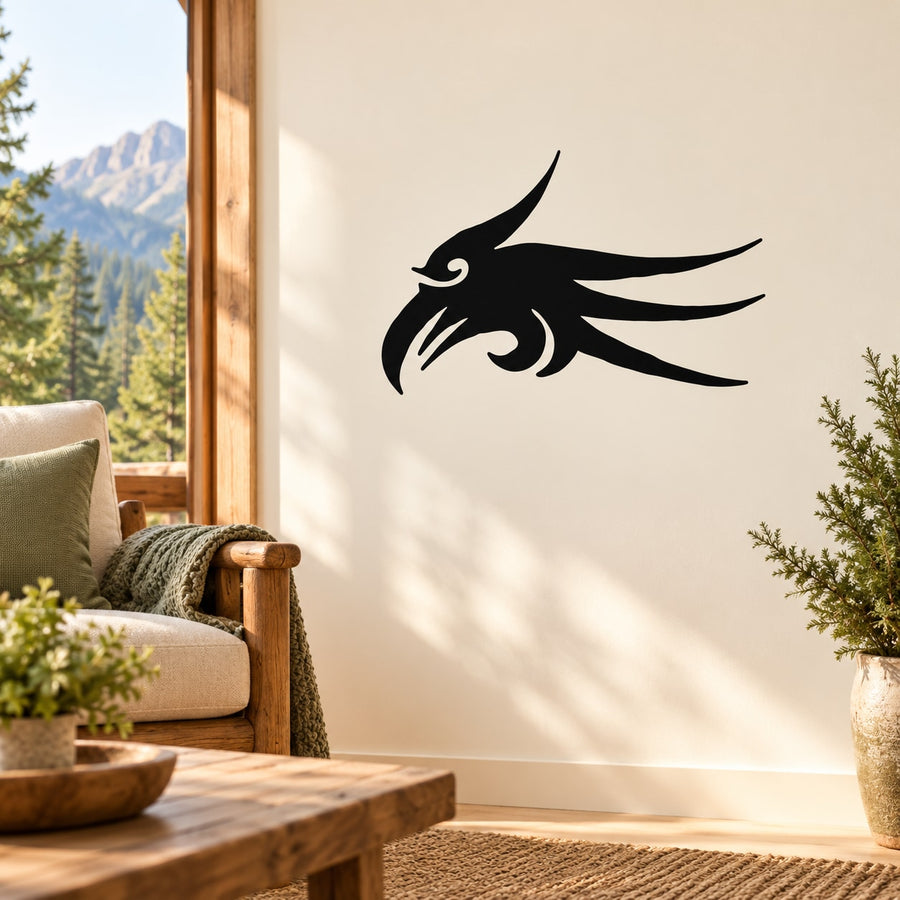 Tribal eagle wall decal, black abstract silhouette with flowing feather lines
