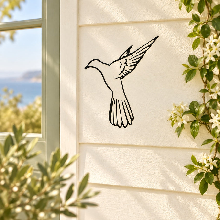 Hovering dove wall decal, black outline bird with wings spread